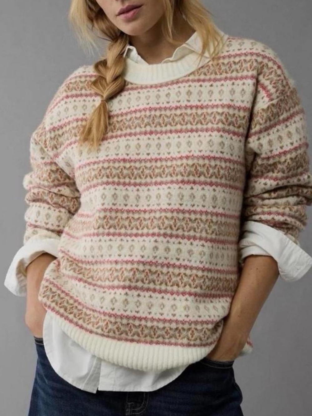 American Eagle Outfitters Cream and Pink Fair Isle Crewneck Sweater